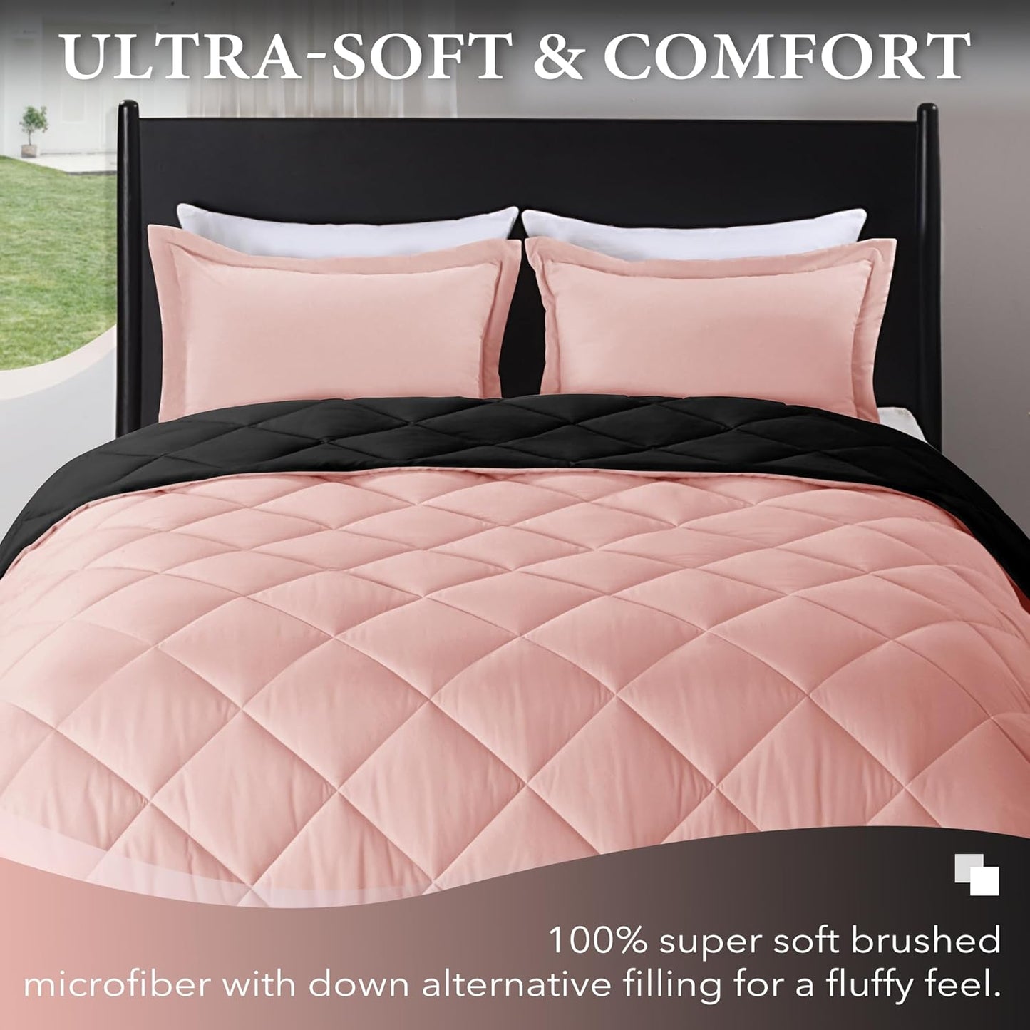 Pink and black twin comforter set with pillow sham, soft bedding for all seasons, includes 1 comforter and 1 pillow sham.
