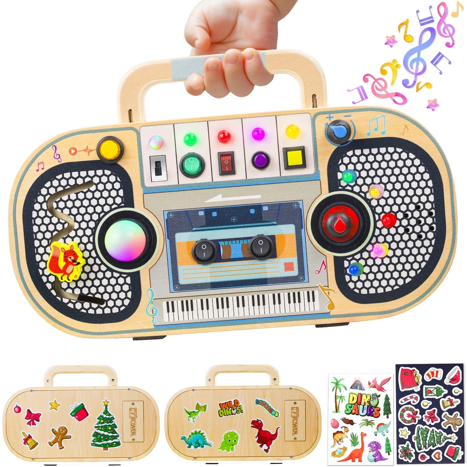 Montessori wooden busy board for toddlers with LED light, switches, music labyrinth, volume control, and DIY stickers for 1-4 year olds.