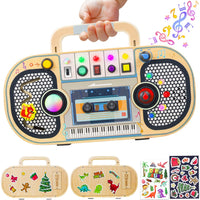 Montessori wooden busy board for toddlers with LED light, switches, music labyrinth, volume control, and DIY stickers for 1-4 year olds.