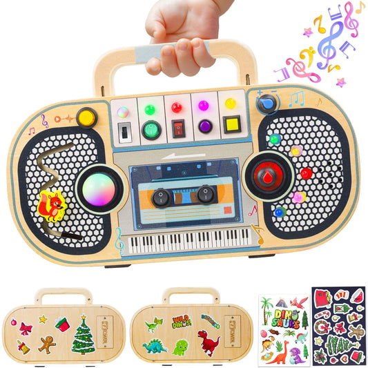 Montessori wooden busy board for toddlers with LED light, switches, music labyrinth, volume control, and DIY stickers for 1-4 year olds.