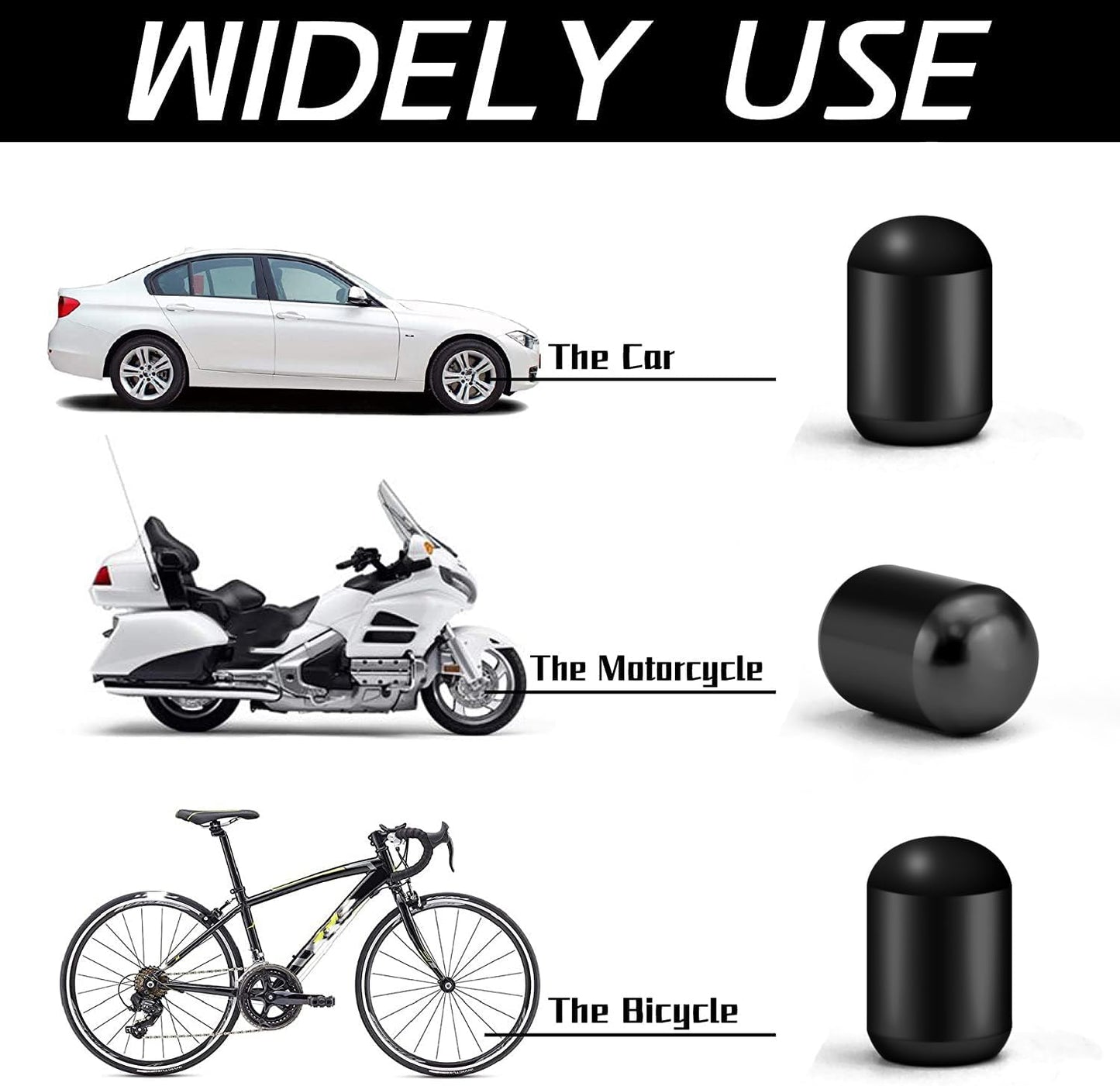 Set of four black car tire valve stem caps with a universal design for cars, SUVs, bikes, trucks, and motorcycles.