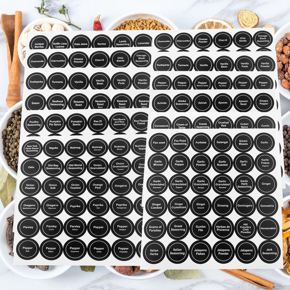 Set of 432 waterproof round spice labels with preprinted and blank options for kitchen jars and food containers.