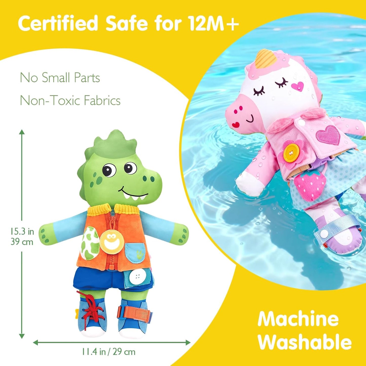 Reversible unicorn and dinosaur plush Montessori busy doll by X With Love, with buckles and snaps for toddler dressing play.