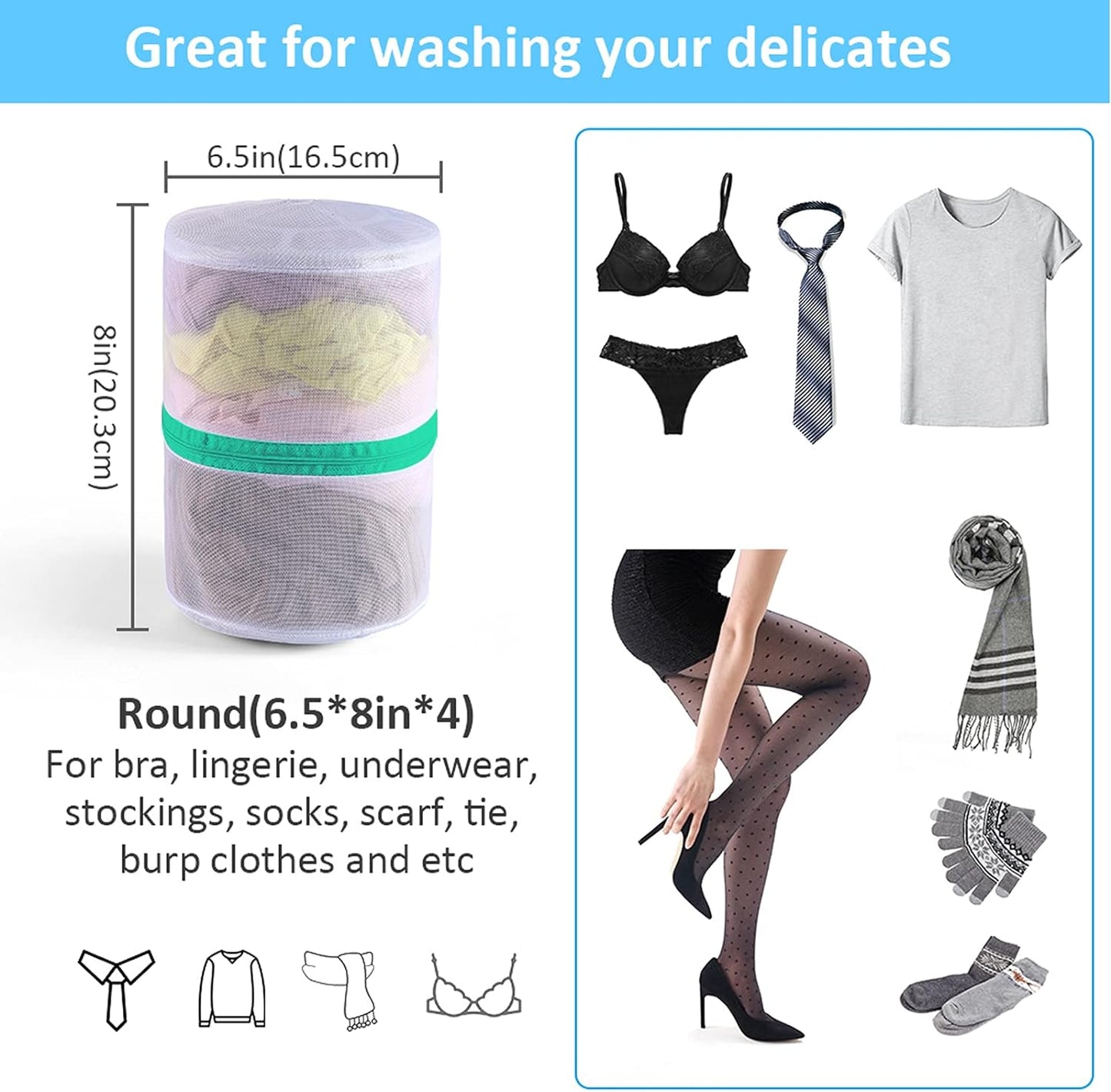 Set of four mesh laundry bags for delicates, durable protective wash bags for lingerie and intimate clothing, 6.5 x 8 inches.