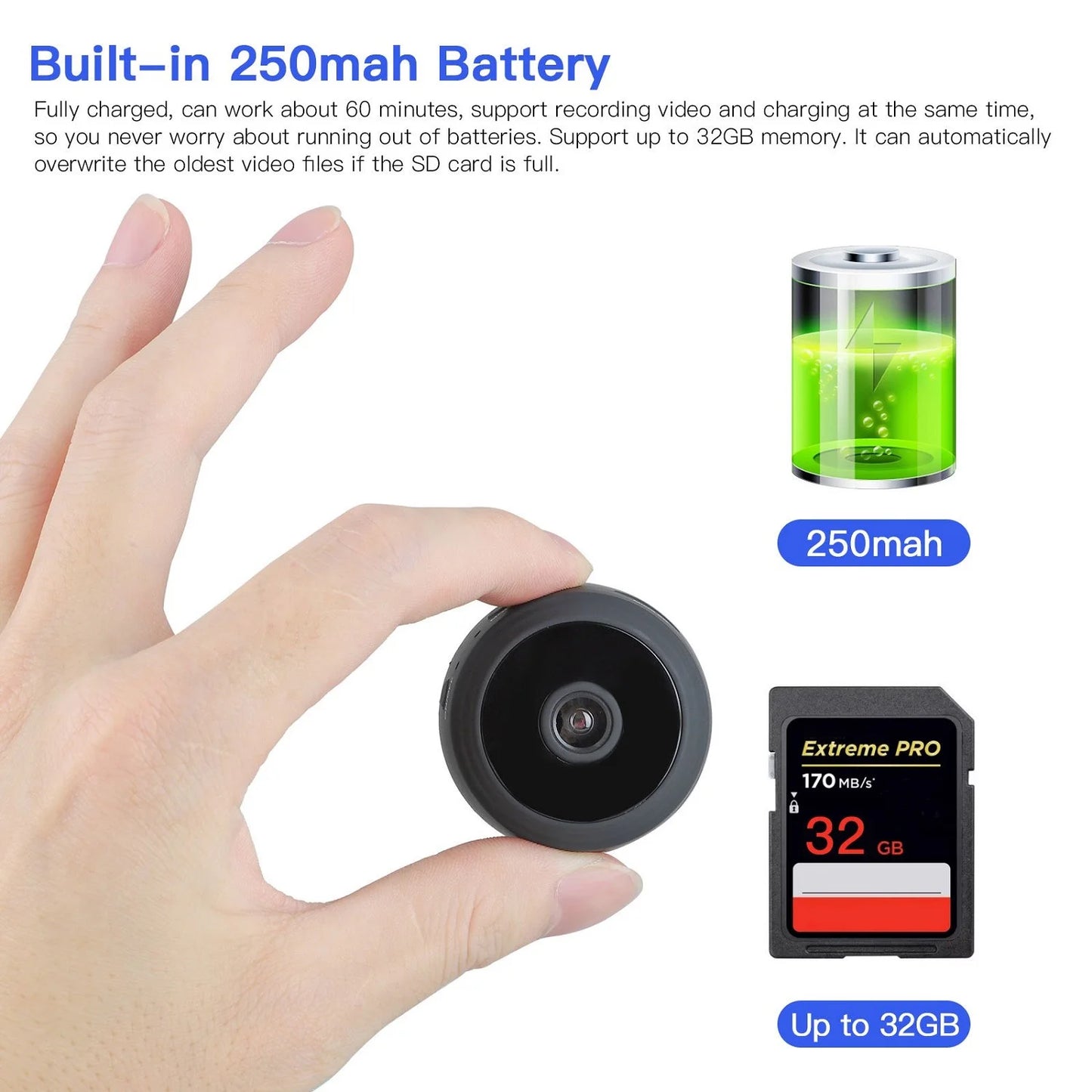 Mini wireless security camera by X With Love featuring full HD 720P video, night vision, and motion detection for home or outdoor use.