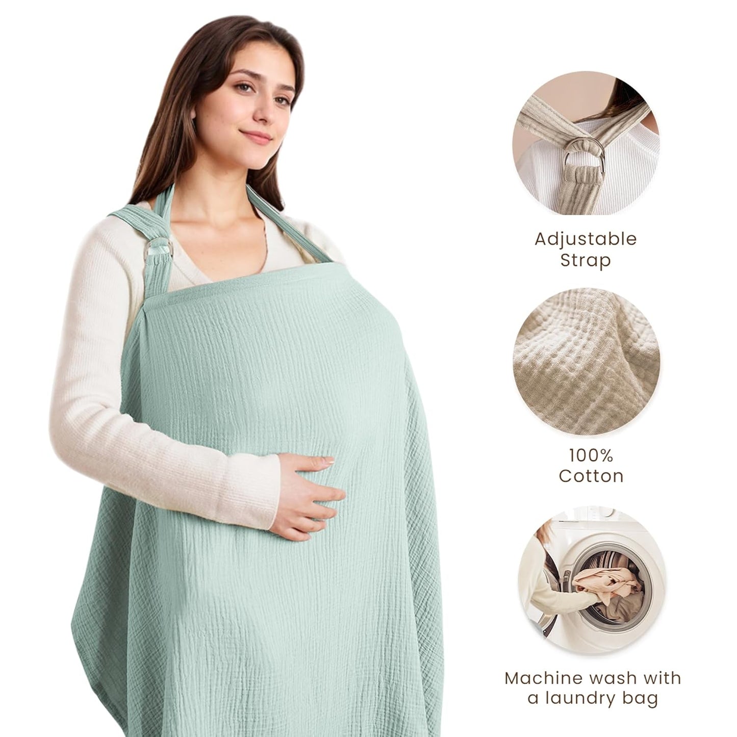 Green X With Love muslin nursing cover with rigid hoop, breathable 100% cotton breastfeeding apron and carseat canopy.