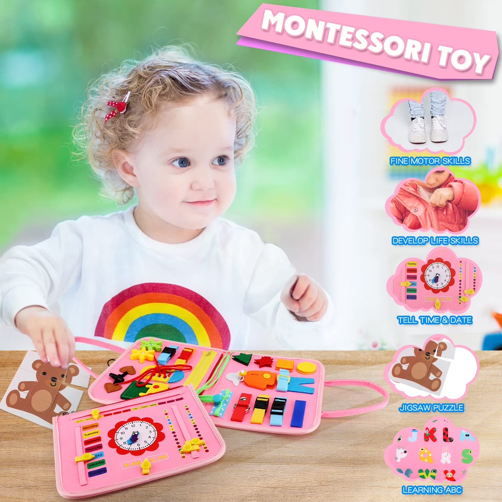 Busy Board Montessori Toy for Toddlers, Educational Activity Developing Sensory Board for Fine Basic Dress Motor Skills - Travel Toys for Plane Car, Gift for Boys Girls 1 2 3 4 Year Old
