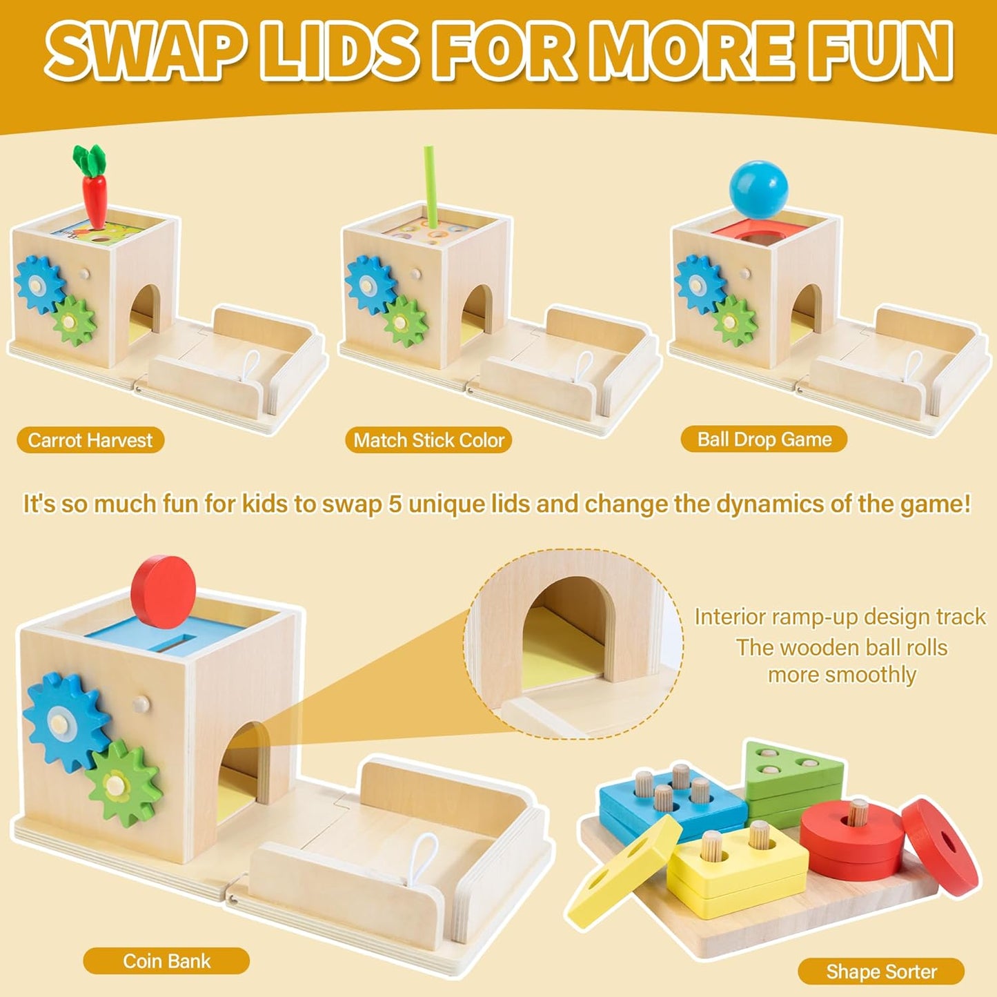 Wooden Montessori Baby Toys, 8-In-1 Wooden Play Kit Includes Object Permanent Box, Coin Box, Carrot Harvest, Shape Sorting & Stacking - Birthday Gift for Boys Girls Toddlers