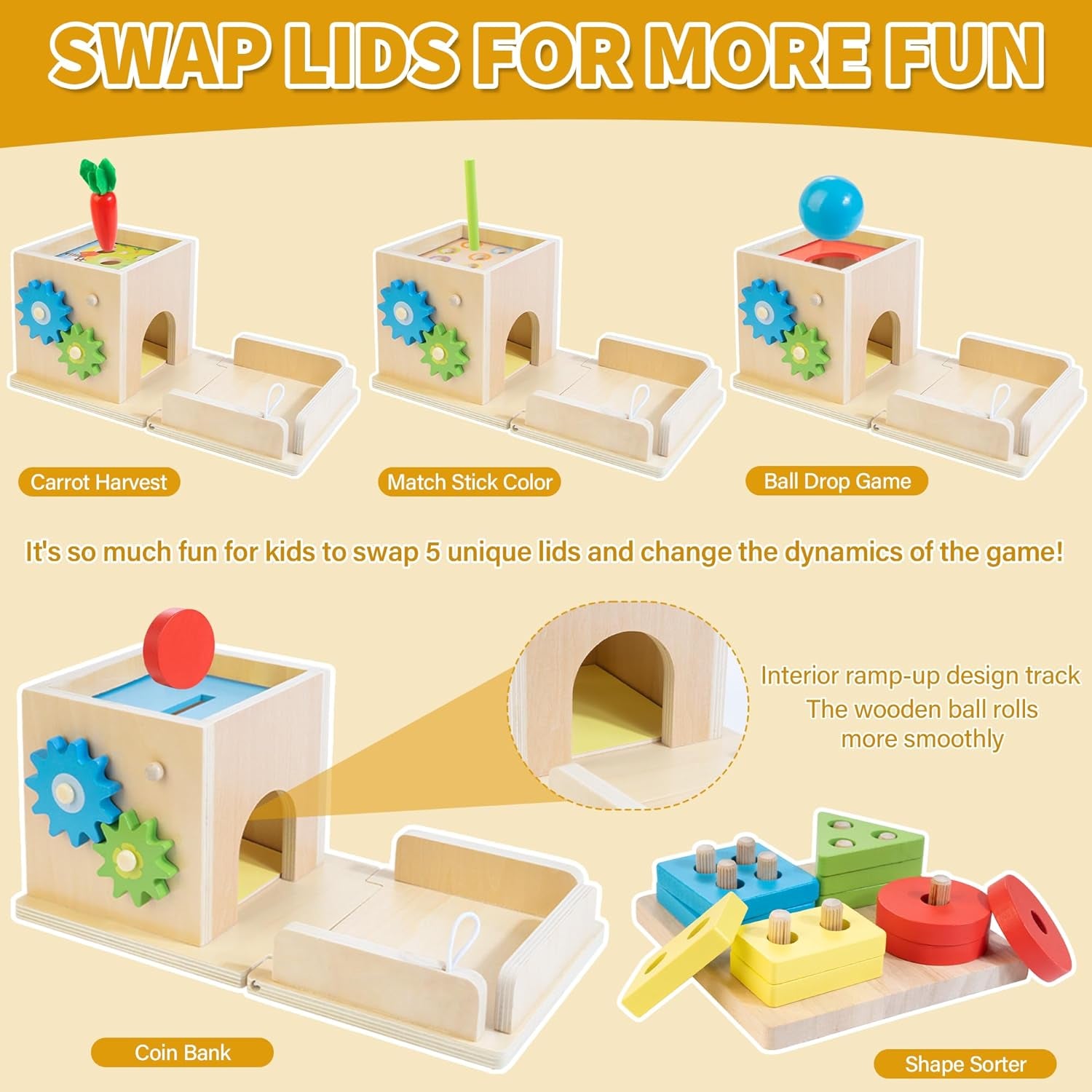 Wooden Montessori Baby Toys, 8-In-1 Wooden Play Kit Includes Object Permanent Box, Coin Box, Carrot Harvest, Shape Sorting & Stacking - Birthday Gift for Boys Girls Toddlers