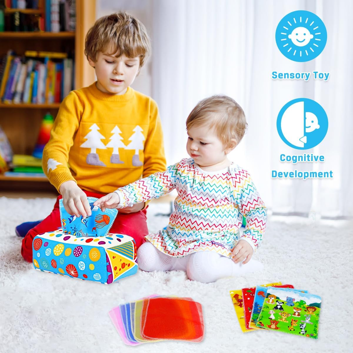Soft crinkle tissue box toy for babies 6-12 months, sensory Montessori toy for early learning, suitable for baby boys and girls