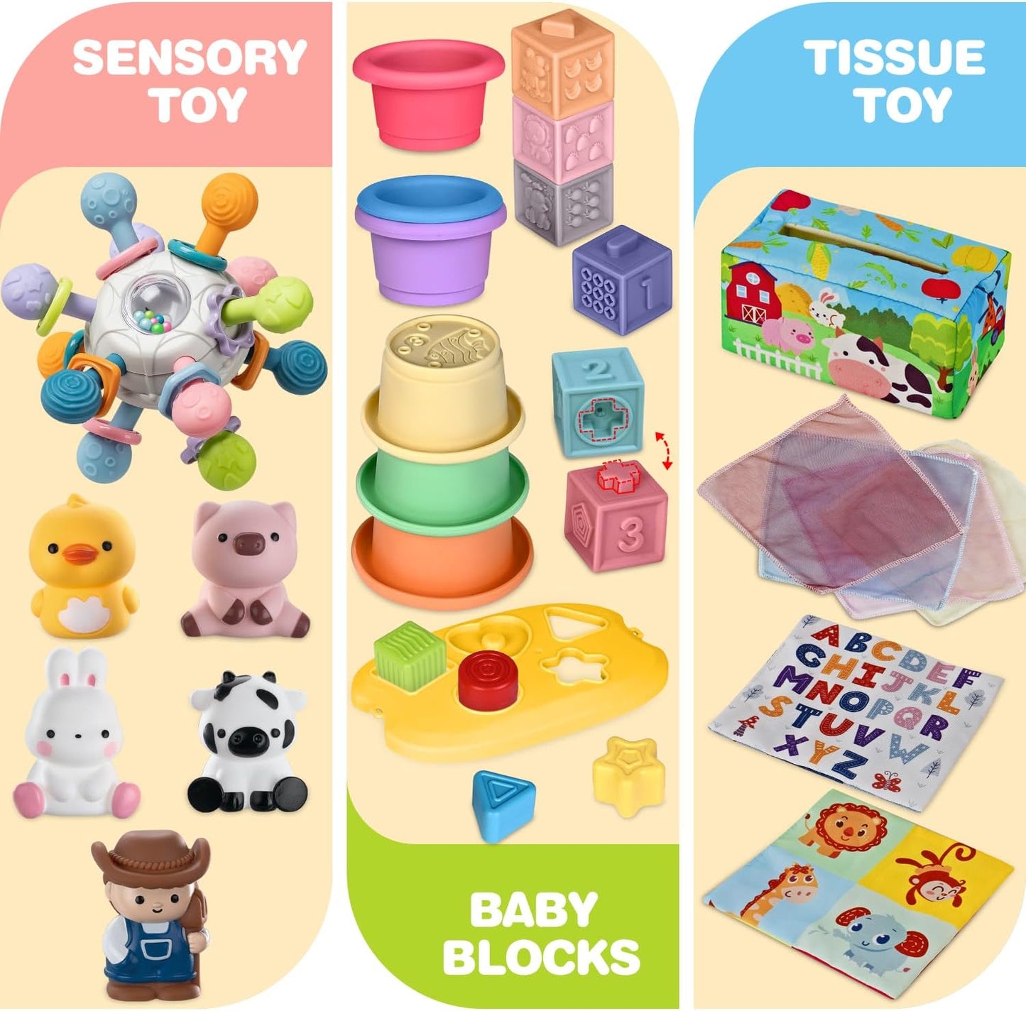 Soft infant sensory teething toy, stacking cups, shape sorter blocks, finger puppets, and tissue box toy for 6-12 month old babies.