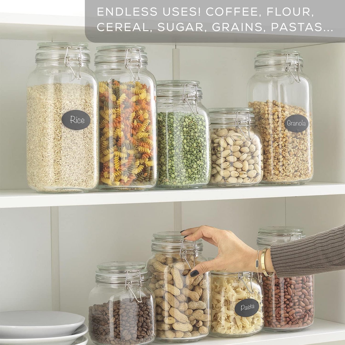 Set of three airtight glass jars with lids, silicone seals, and square shape, ideal for pantry storage of flour, pasta, and candies.