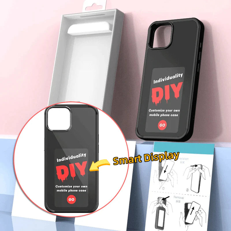 X With Love E-Ink screen phone case with personalized projection display, sleek designer battery-free luxury phone cover.