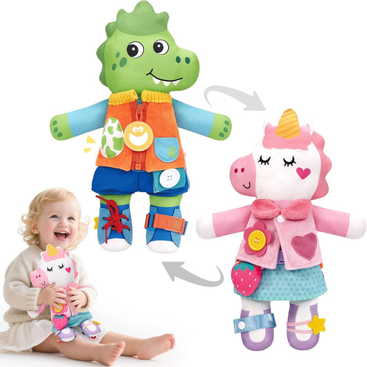 Reversible unicorn and dinosaur plush Montessori busy doll for toddlers, with buckles and snaps to develop dressing skills.