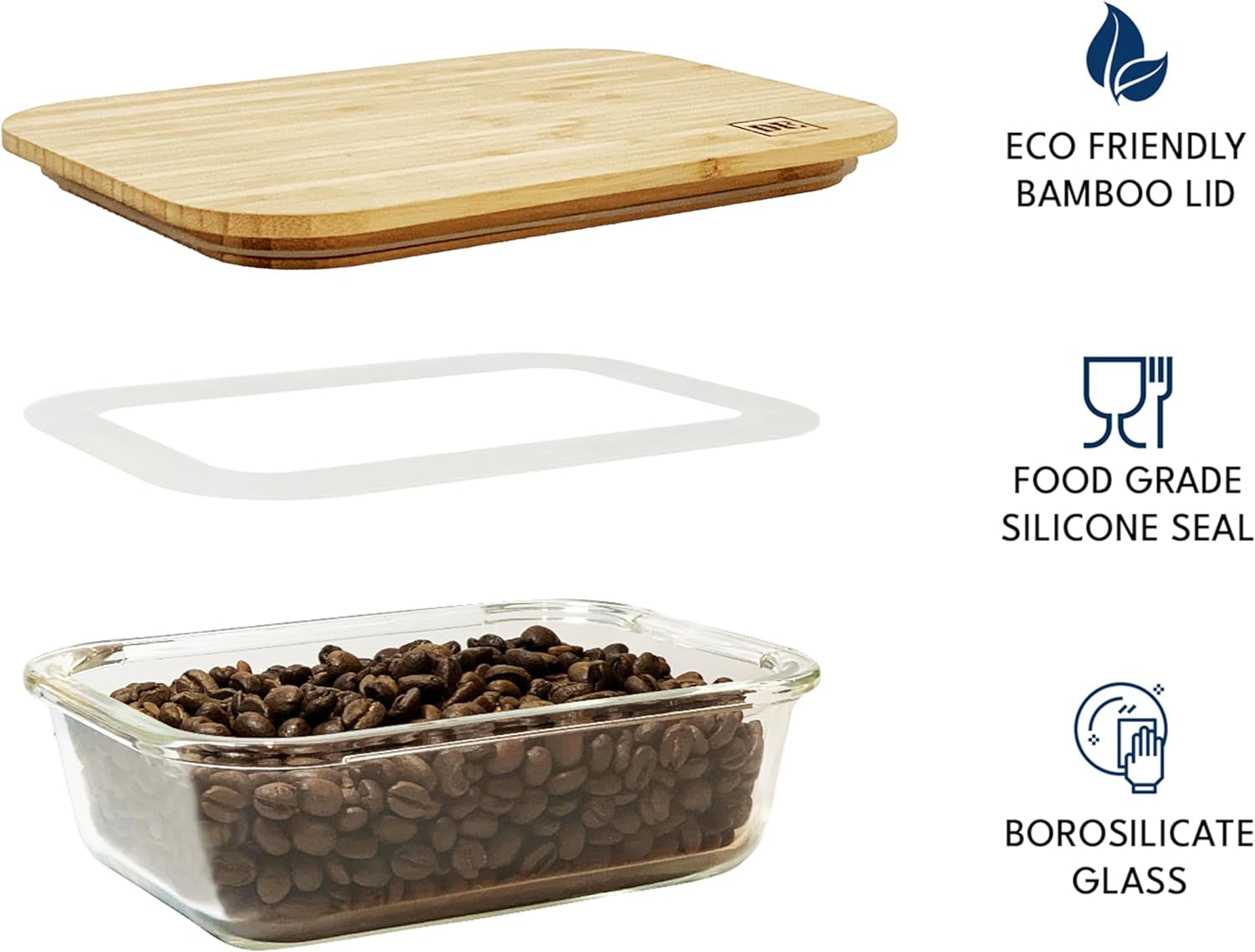 Set of four glass food storage containers with bamboo lids in various sizes, oven, microwave, freezer safe, stackable, BPA-free.
