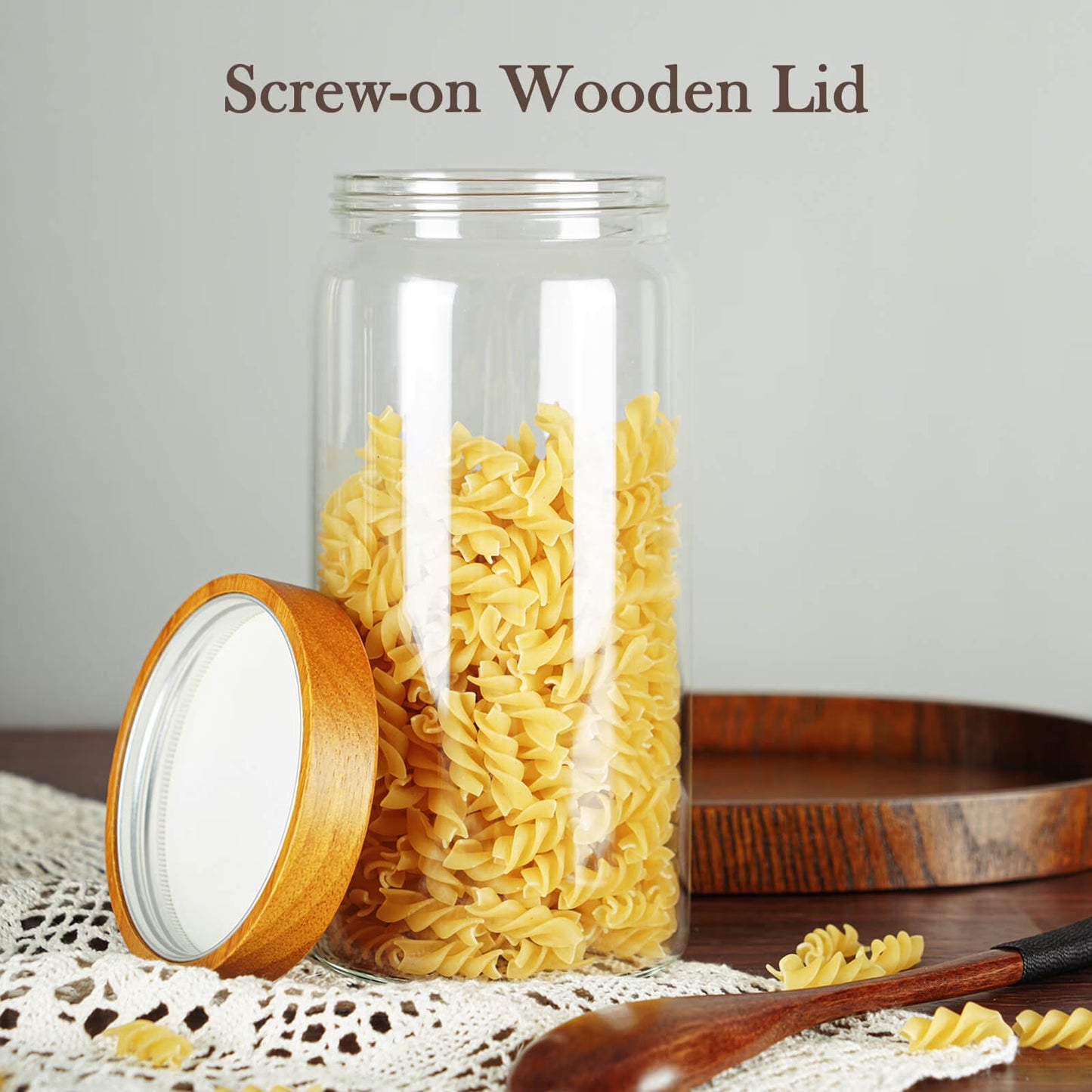 X With Love 41 oz cookie jar with wood lid, wide mouth kitchen storage container, 1400ml screw-top pantry jar