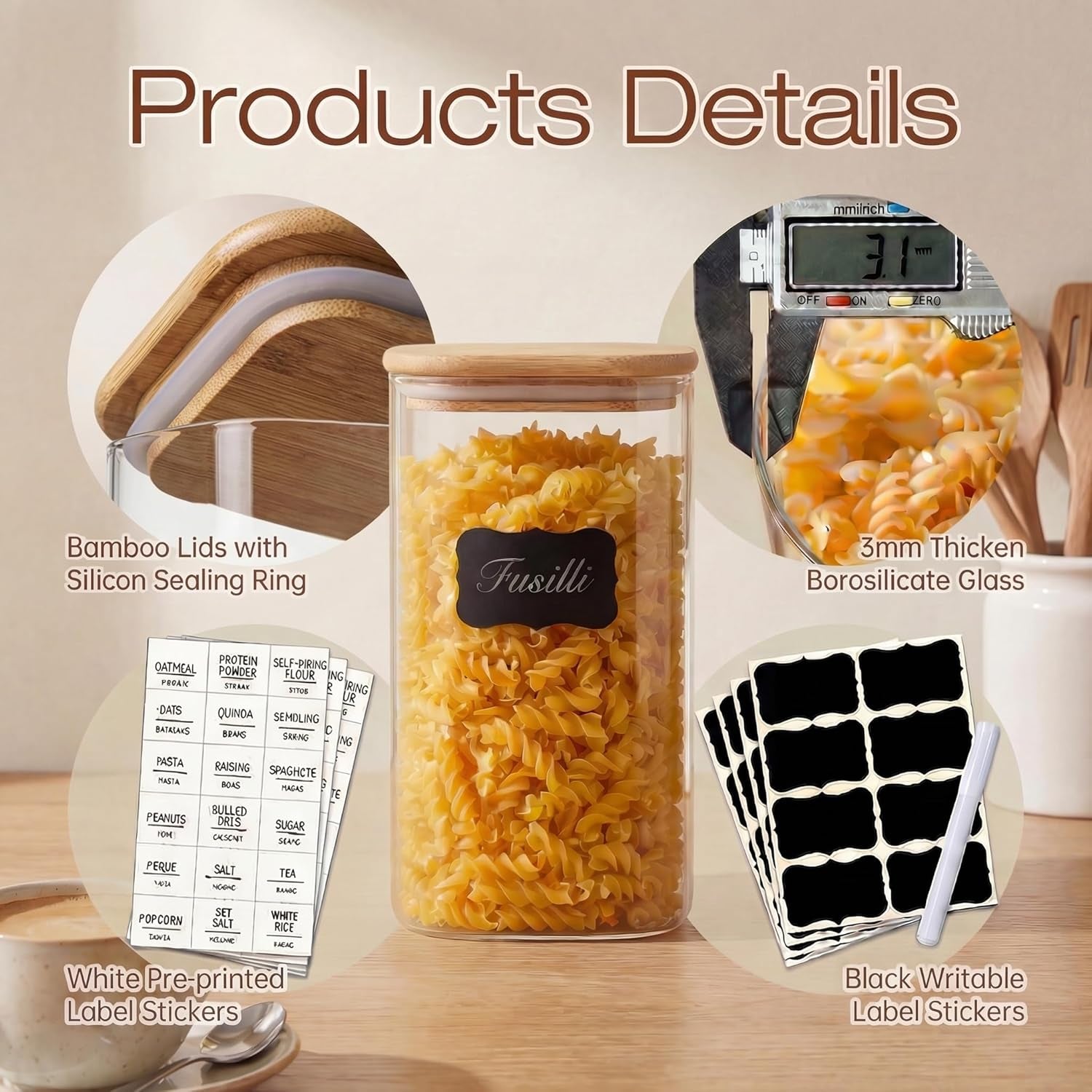 Set of five square glass jars with bamboo lids for food storage, including pasta, cereal, flour, and sugar, by X With Love.