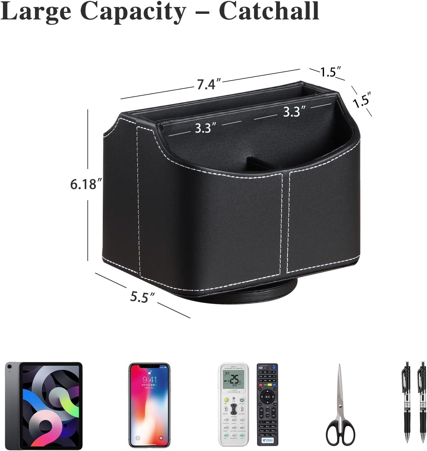 Leather remote control holder with 360° spinning feature, organized on bedside table for TV remotes, phones, pens, and mail.