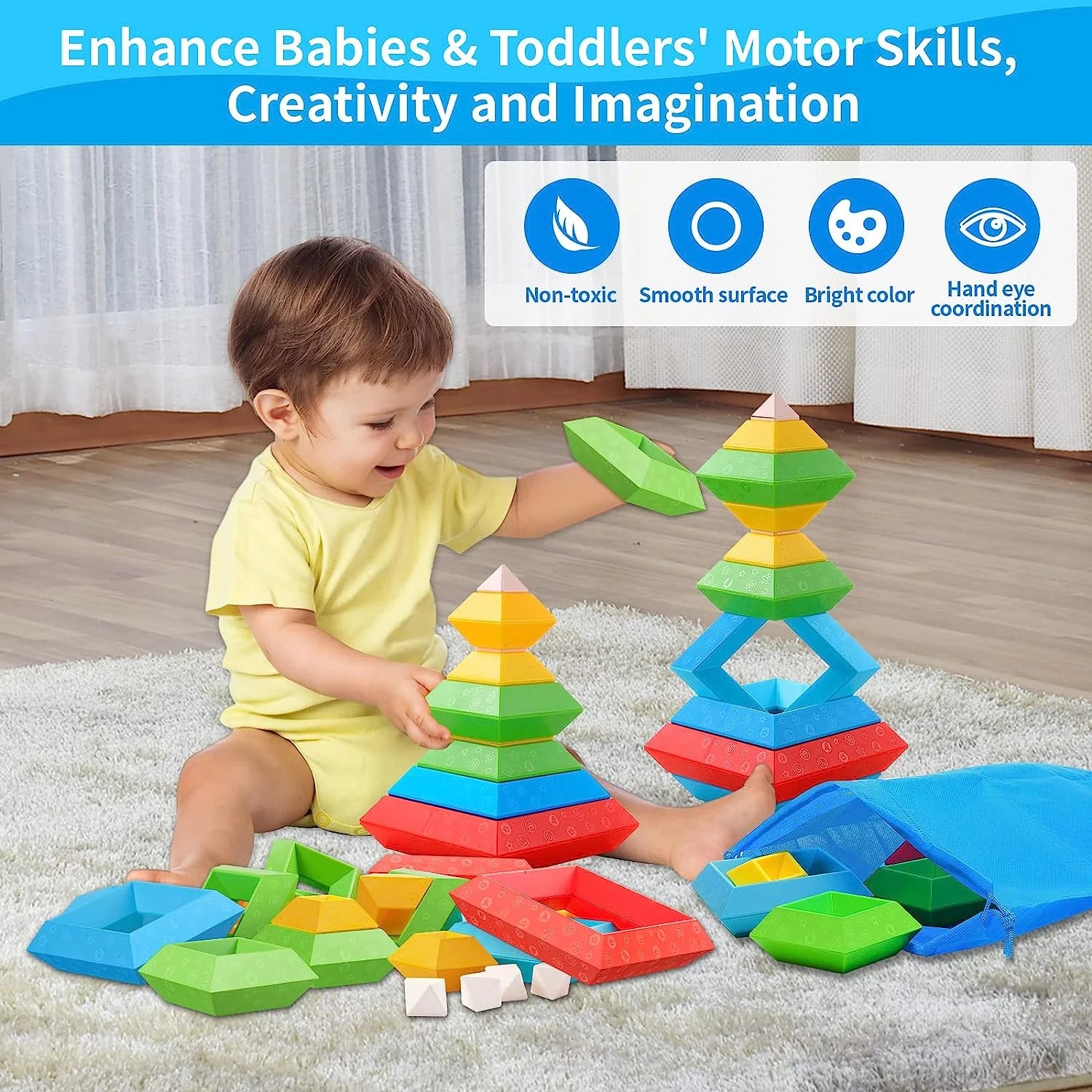 Colorful toddler stacking building blocks set with 30 pieces, educational Montessori toys for 1-3 year olds, sensory learning toys for boys and girls.