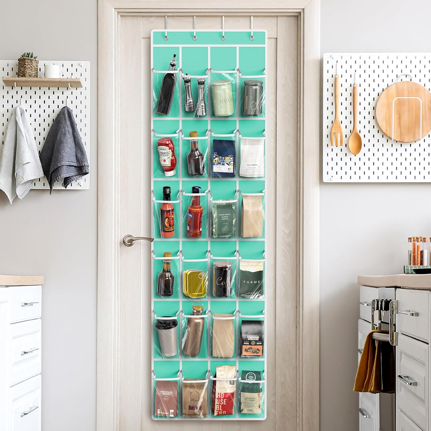 Crystal clear over-the-door shoe organizer with 24 turquoise pockets, hanging for easy shoe storage, 64 inches by 19 inches.