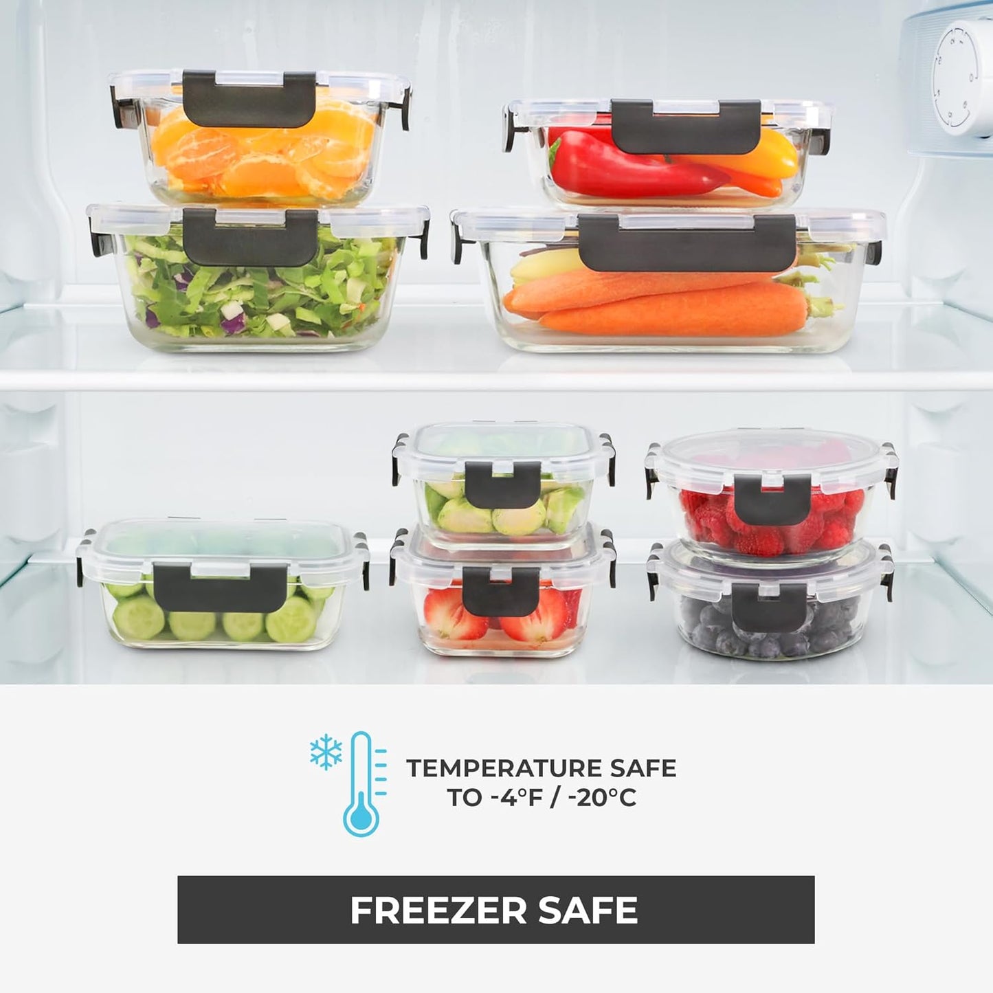 Set of 12 grey glass storage containers with lids, leak-proof meal prep and food storage containers for lunch and freezer use.