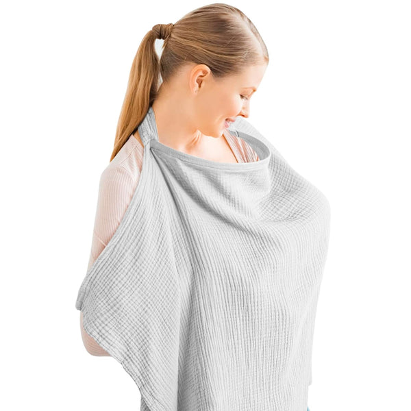 Grey muslin nursing cover with rigid hoop, breathable 100% cotton breastfeeding apron for mother and baby, multi-use carseat canopy