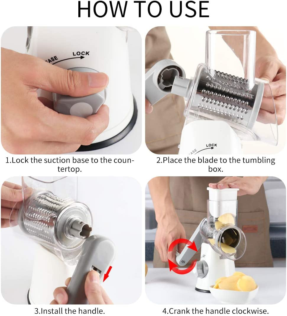 White rotary cheese grater with hand crank, three blades, non-slip suction base, ideal for shredding cheese, vegetables, and nuts.