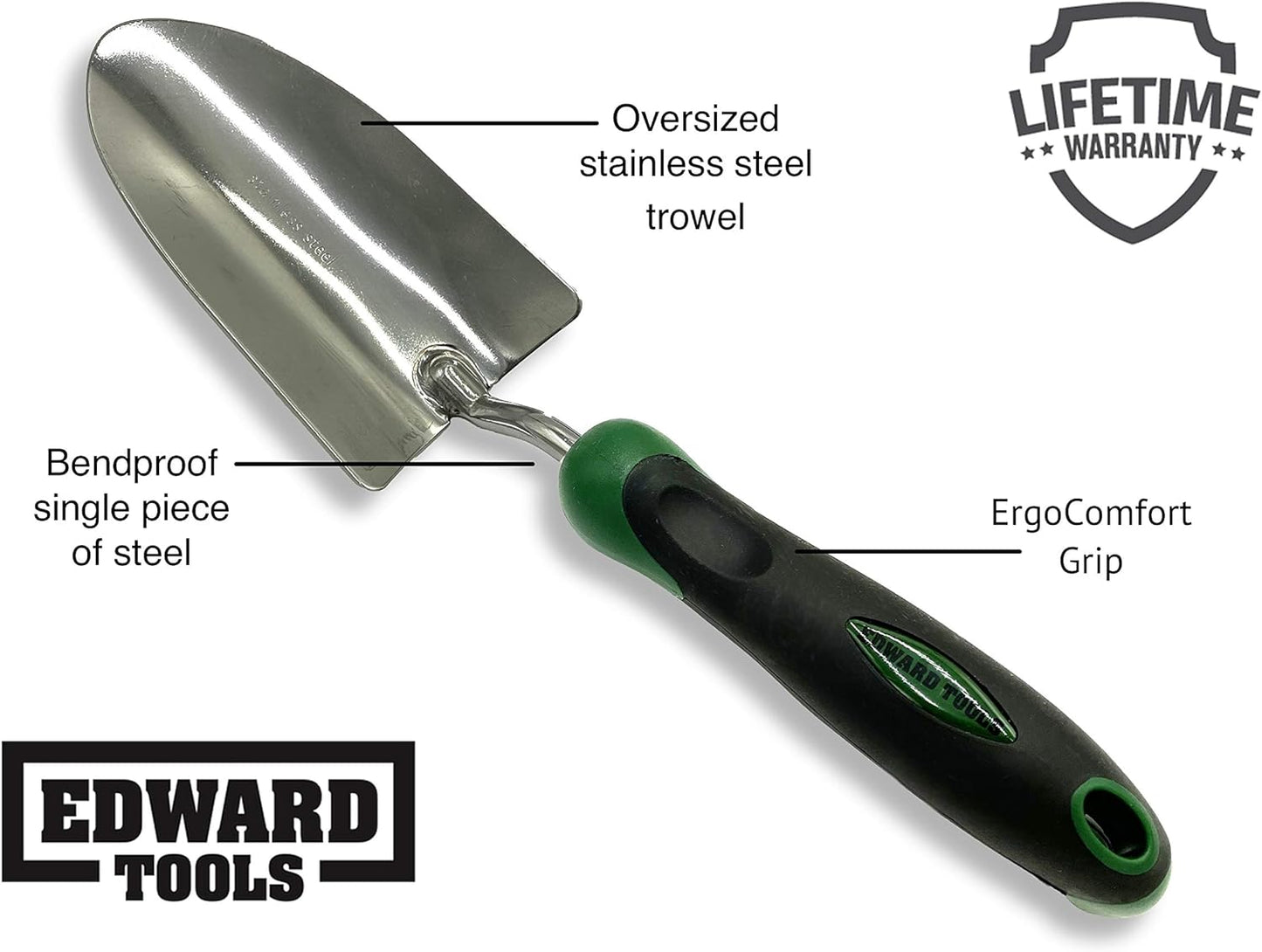 Heavy-duty stainless steel garden trowel with comfort grip, rust-resistant, oversized shovel ideal for rocky or heavy soils.