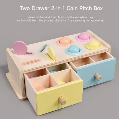 Montessori Wooden Early Learning Toys Infant Coin Ball Busy Drum Sensory Toy Early Education Coin Box Permanent Box Round Box
