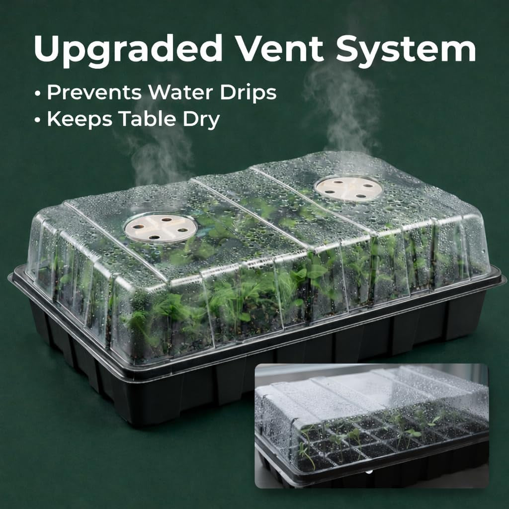 Five seed starter tray kits with 200-cell germination trays, humidity vented domes, ideal for indoor gardening and seed germination.