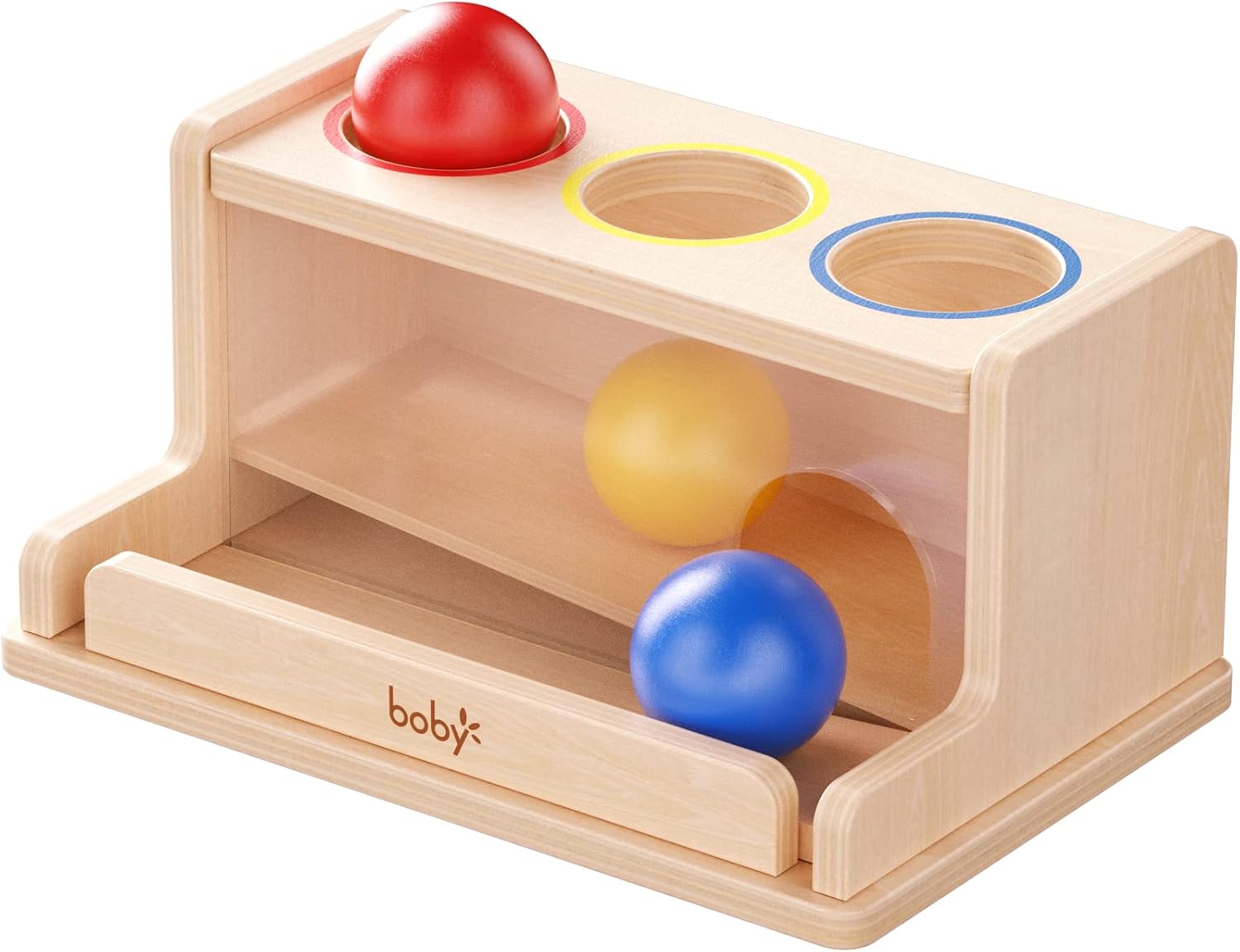 Montessori toy object permanence box with ball tracker for toddlers and preschoolers, designed for boys and girls aged 1-3 years.