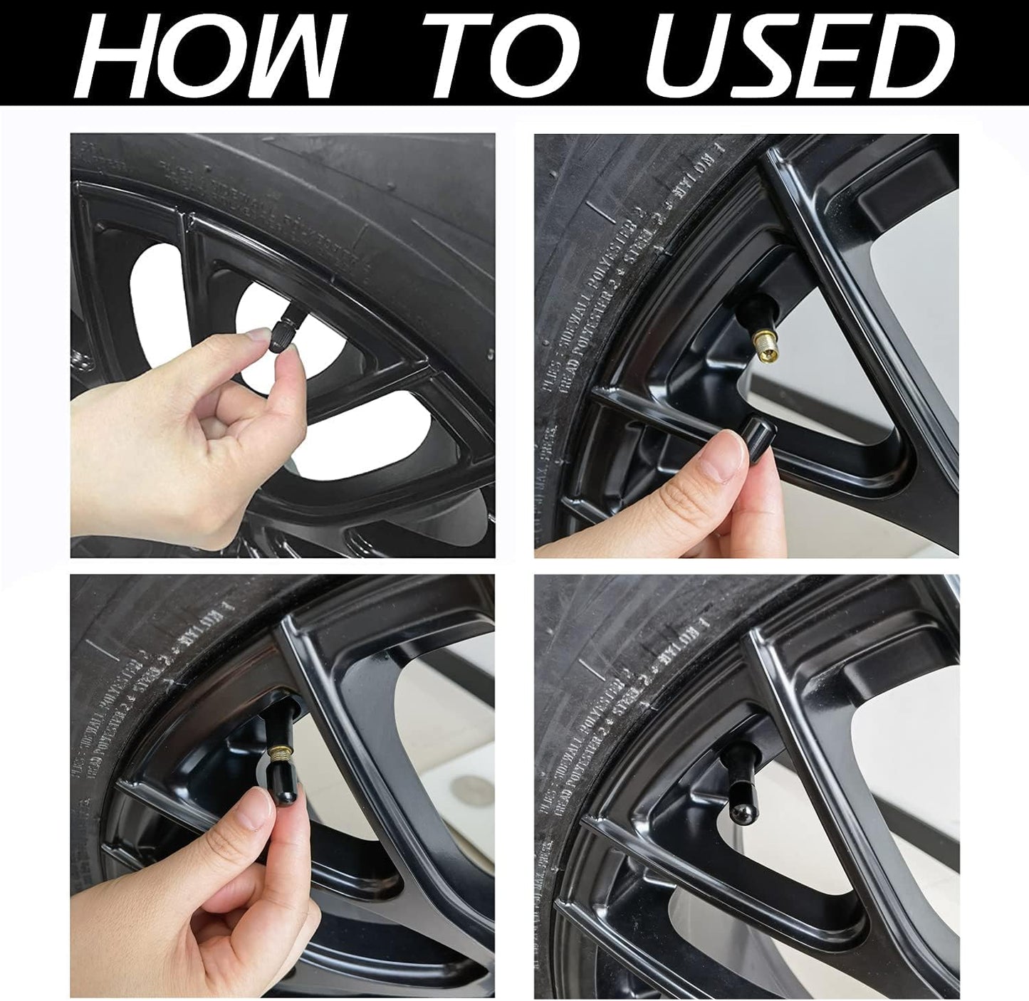 Black 4-pack car tire valve stem caps with air cover, universal fit for cars, SUVs, bikes, trucks, and motorcycles.