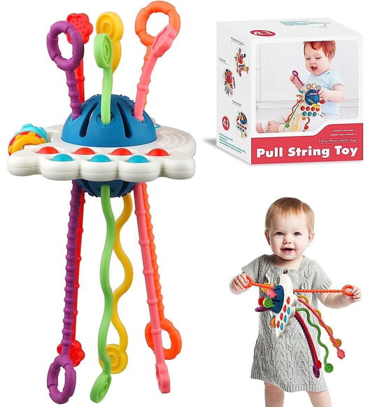 All-in-one Montessori baby sensory toy with pull string for infants 0-18 months, promoting fine motor skills and developmental play.