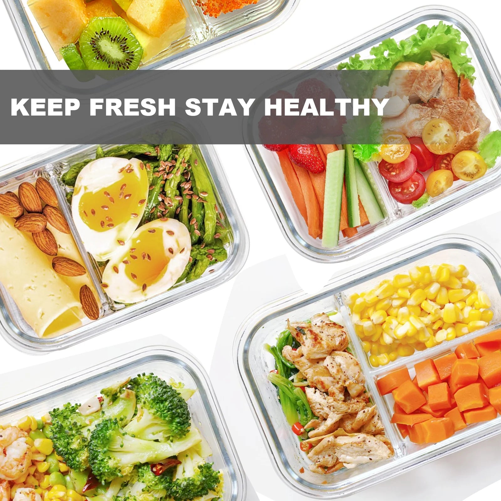 Set of 8 glass food storage containers with lids, 2-3 compartments, airtight, oven and freezer safe, leak-proof, in grey.
