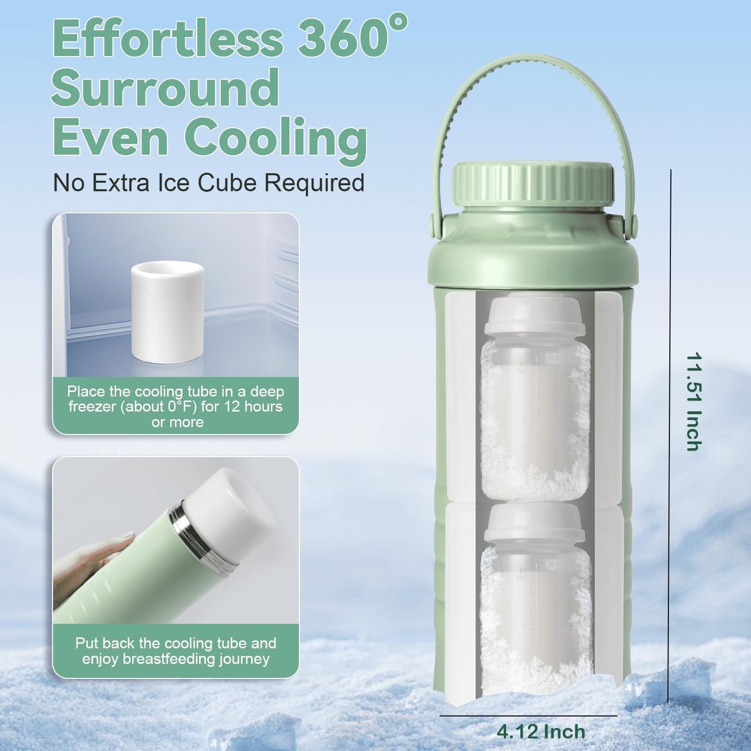 Portable X With Love breast milk cooler bottle with two 22oz bottles, showing the chiller for travel and 360° cooling technology.