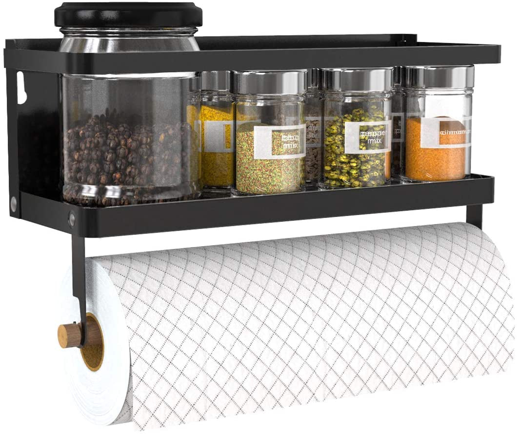 Black magnetic paper towel holder and spice rack with hooks, wall-mount shelf for refrigerator organization, by My Store.
