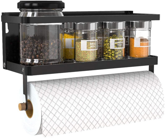 Black magnetic paper towel holder and spice rack with hooks, wall-mount shelf for refrigerator organization, by My Store.