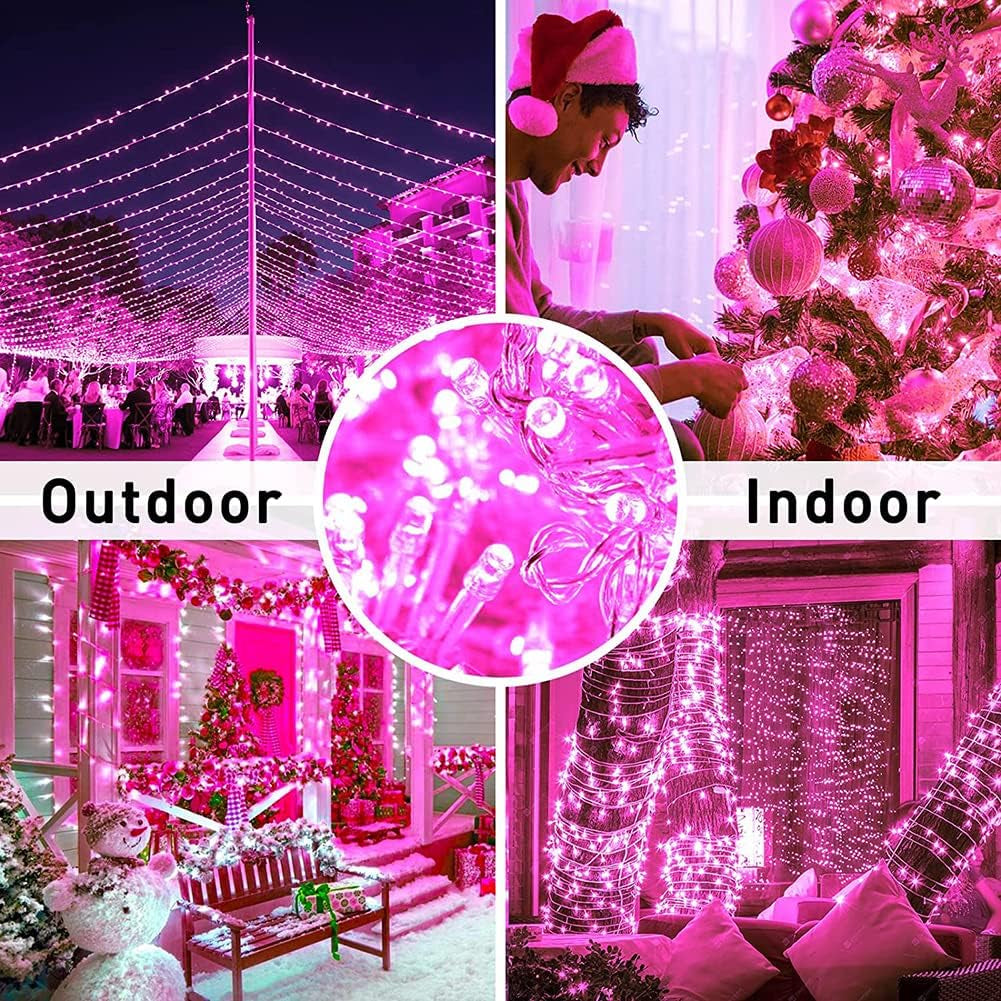 Pink outdoor fairy string lights with 100 LEDs, extendable, featuring memory modes for wedding, Christmas, patio, and party decor.