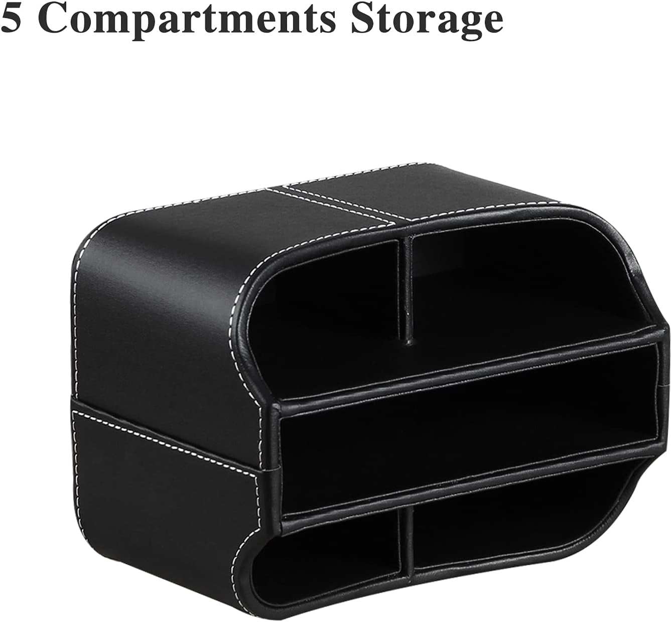 Leather remote control holder with 360-degree spinning design, organizing TV remotes, phones, and pens on bedside or desk.