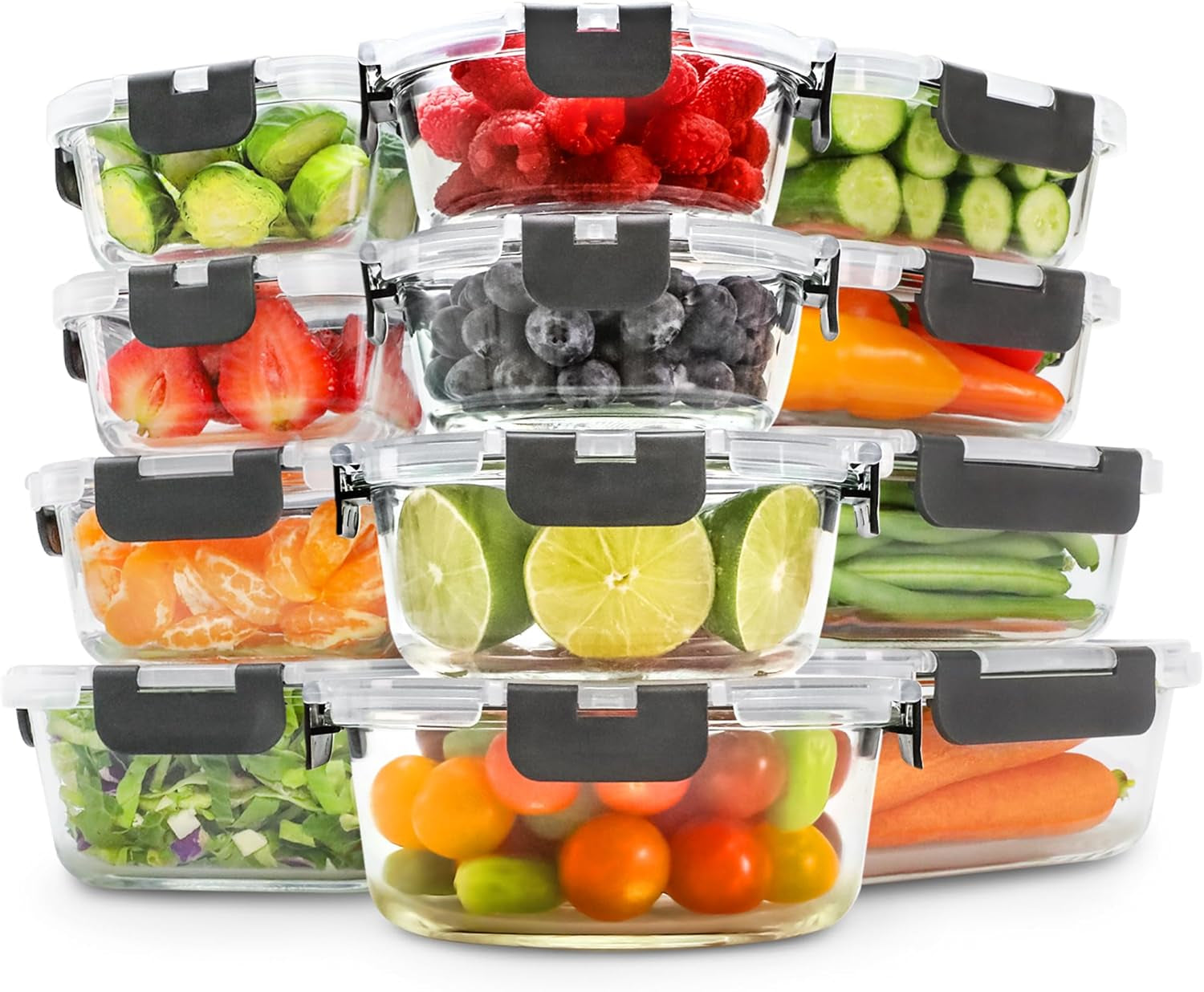 Set of 12 glass meal prep containers with grey lids, leak-proof, freezer safe, and suitable for food storage and lunch.