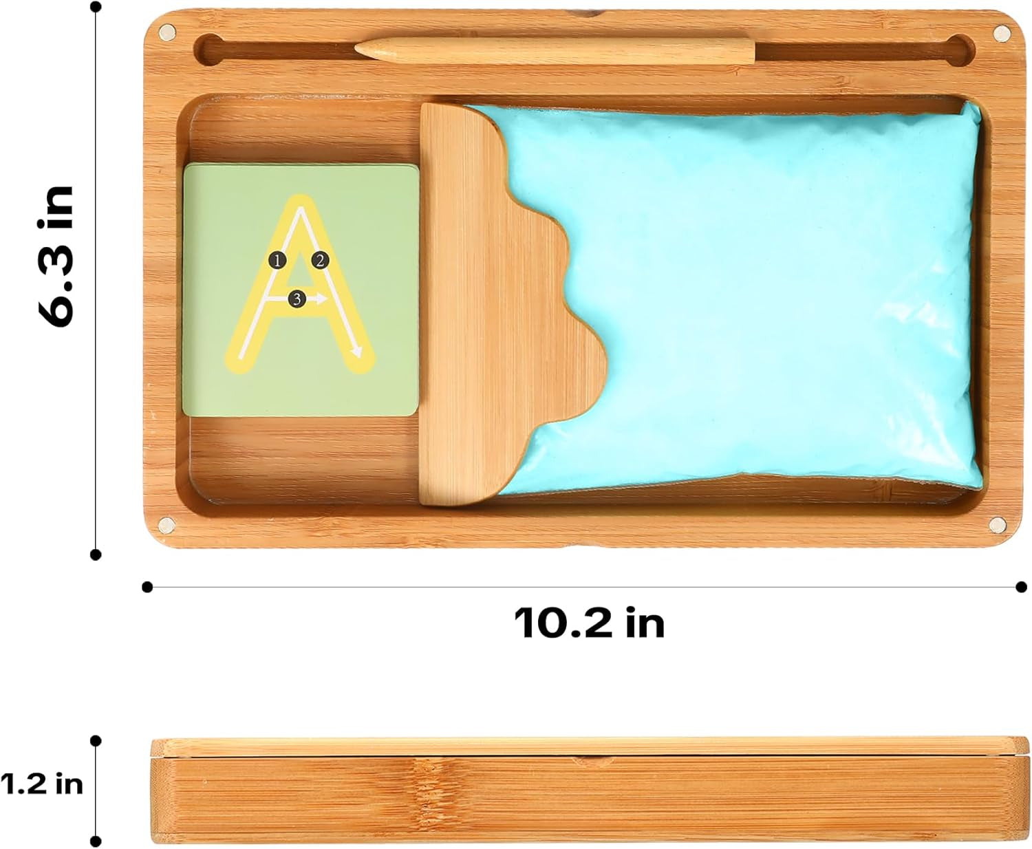 Blue Montessori wooden sand tray with lid, ideal for kids to practice writing letters and numbers in preschool and kindergarten.