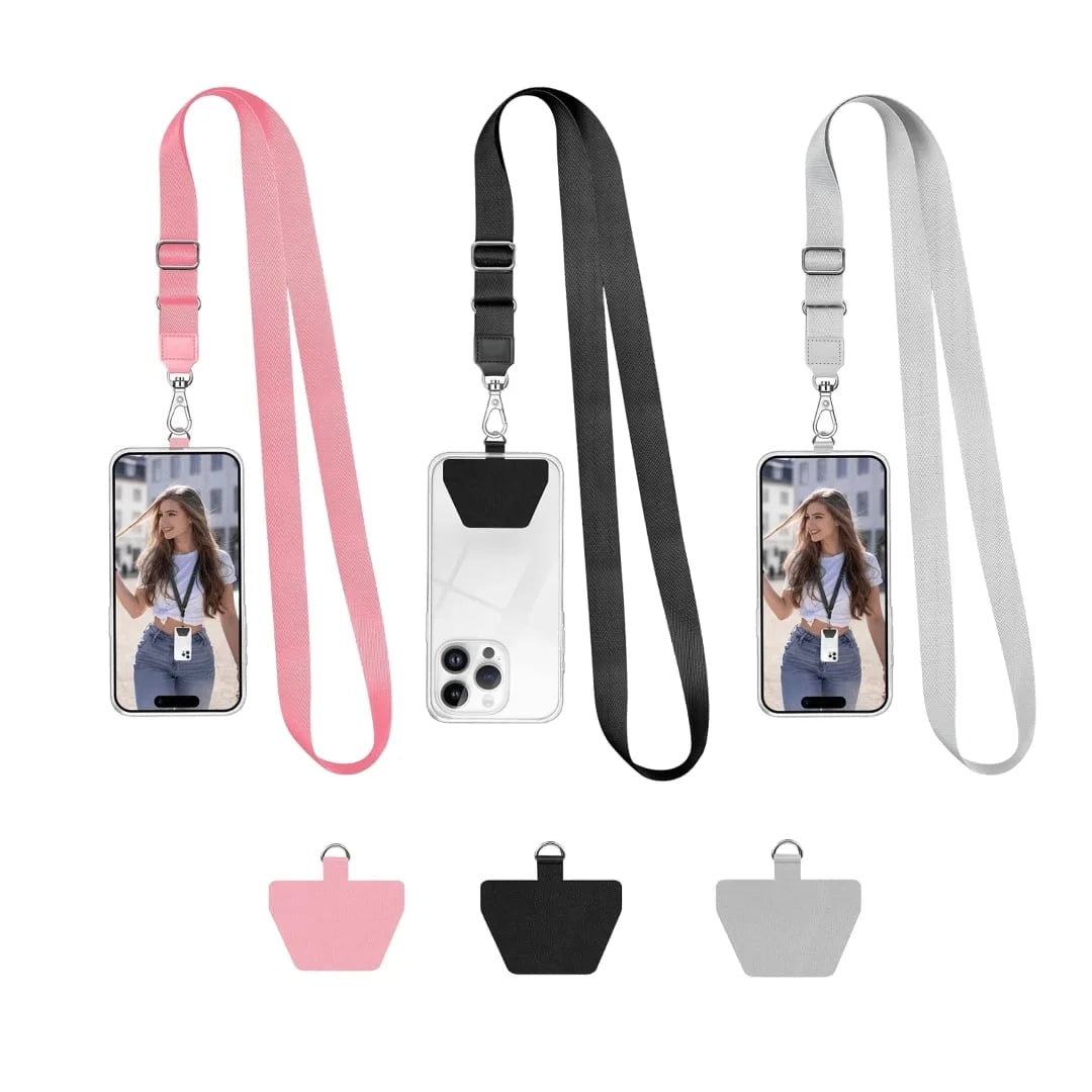 Three adjustable black, gray, and pink phone lanyards with key and ID badge clips for iPhone, Samsung, and smartphones.