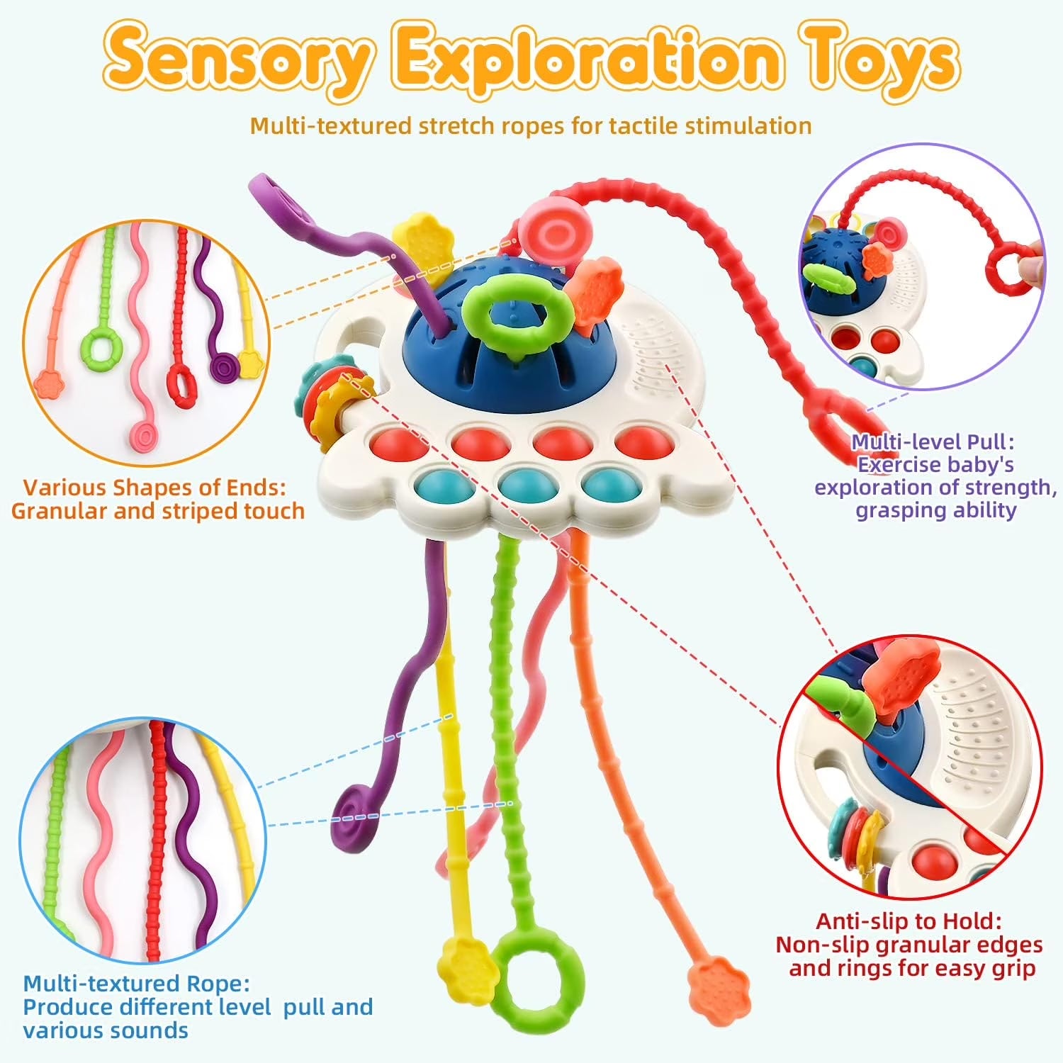All-in-one Montessori travel sensory toy for babies 0-18 months, featuring pull string activities to develop fine motor skills.