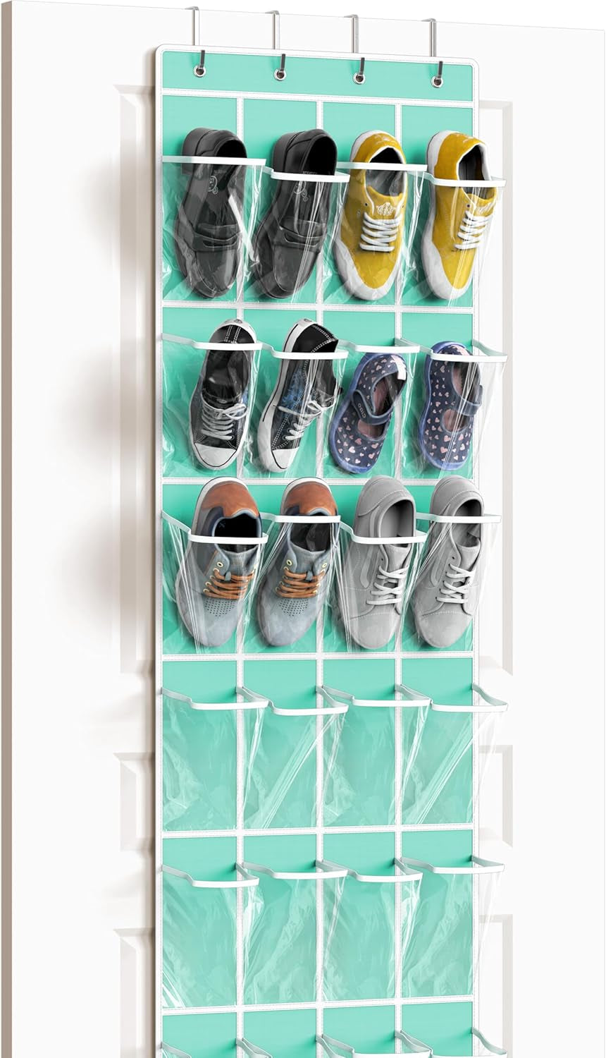Turquoise over the door shoe organizer with 24 clear pockets, hanging on a door, 64 inches by 19 inches, by My Store.