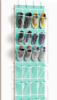 Turquoise over the door shoe organizer with 24 clear pockets, hanging on a door, 64 inches by 19 inches, by My Store.