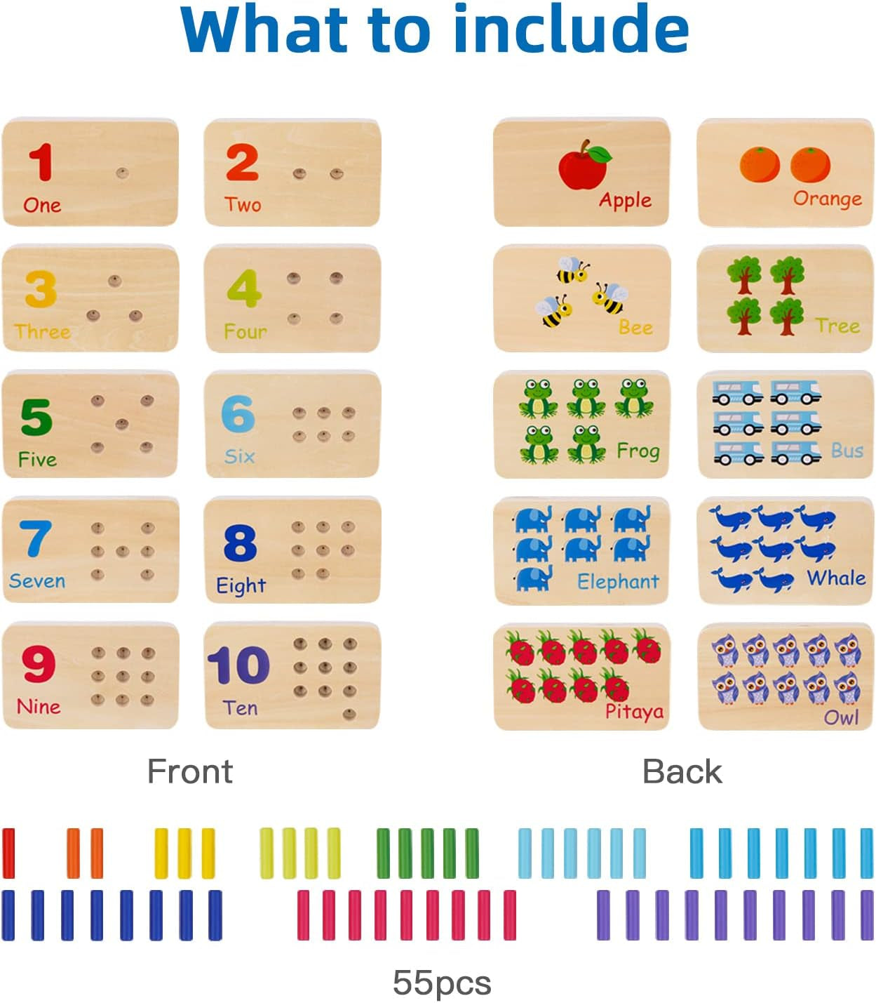 Wooden peg board toddler toy with 55 pegs, Montessori math manipulatives for kids and kindergarten learning activities.