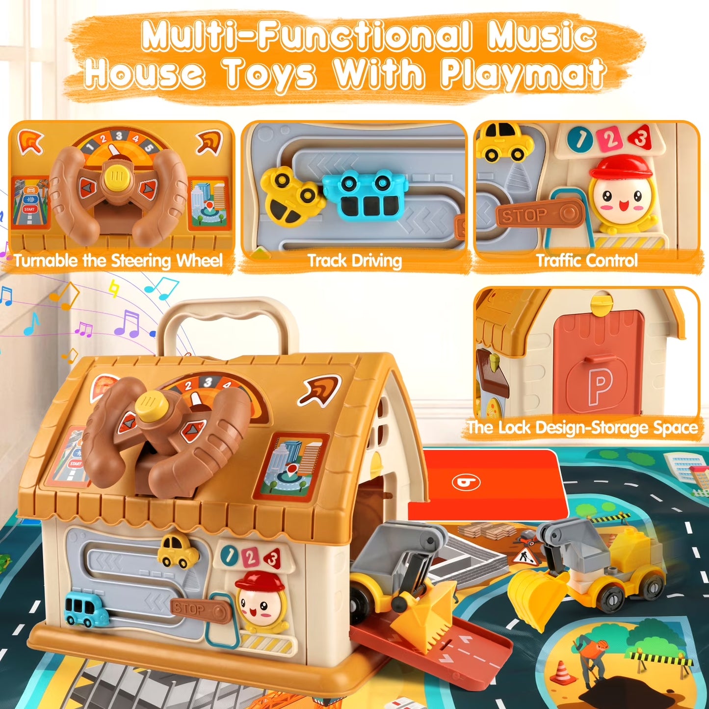 Colorful toddler Montessori learning house toy with building cars, map, and light features for children aged 1+ by X With Love
