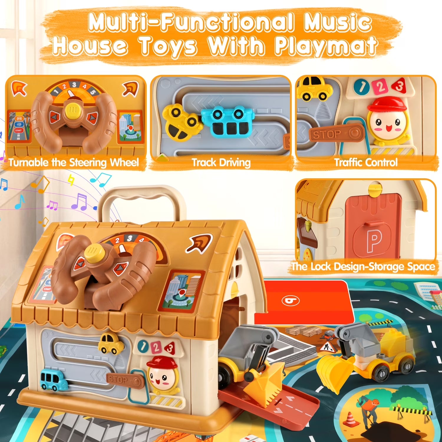 Colorful toddler Montessori learning house toy with building cars, map, and light features for children aged 1+ by X With Love