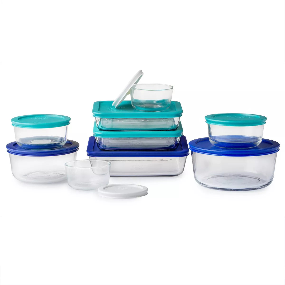 Set of six glass storage containers from the Pyrex 18-piece glass storage set by X With Love, featuring clear glass and airtight lids.