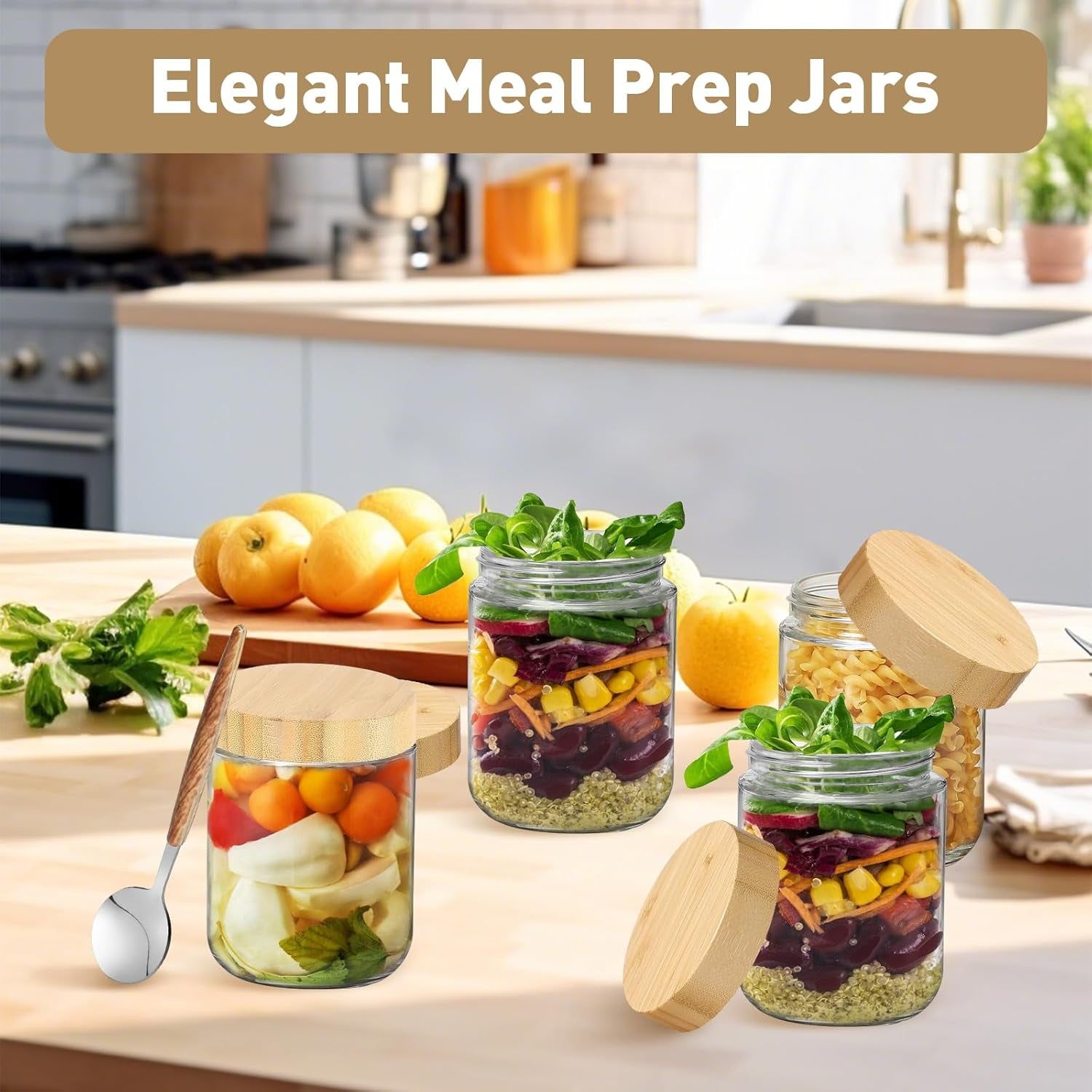 Set of four 16oz glass overnight oats jars with bamboo lids, wide mouth design, including spoons for meal prep and food storage.
